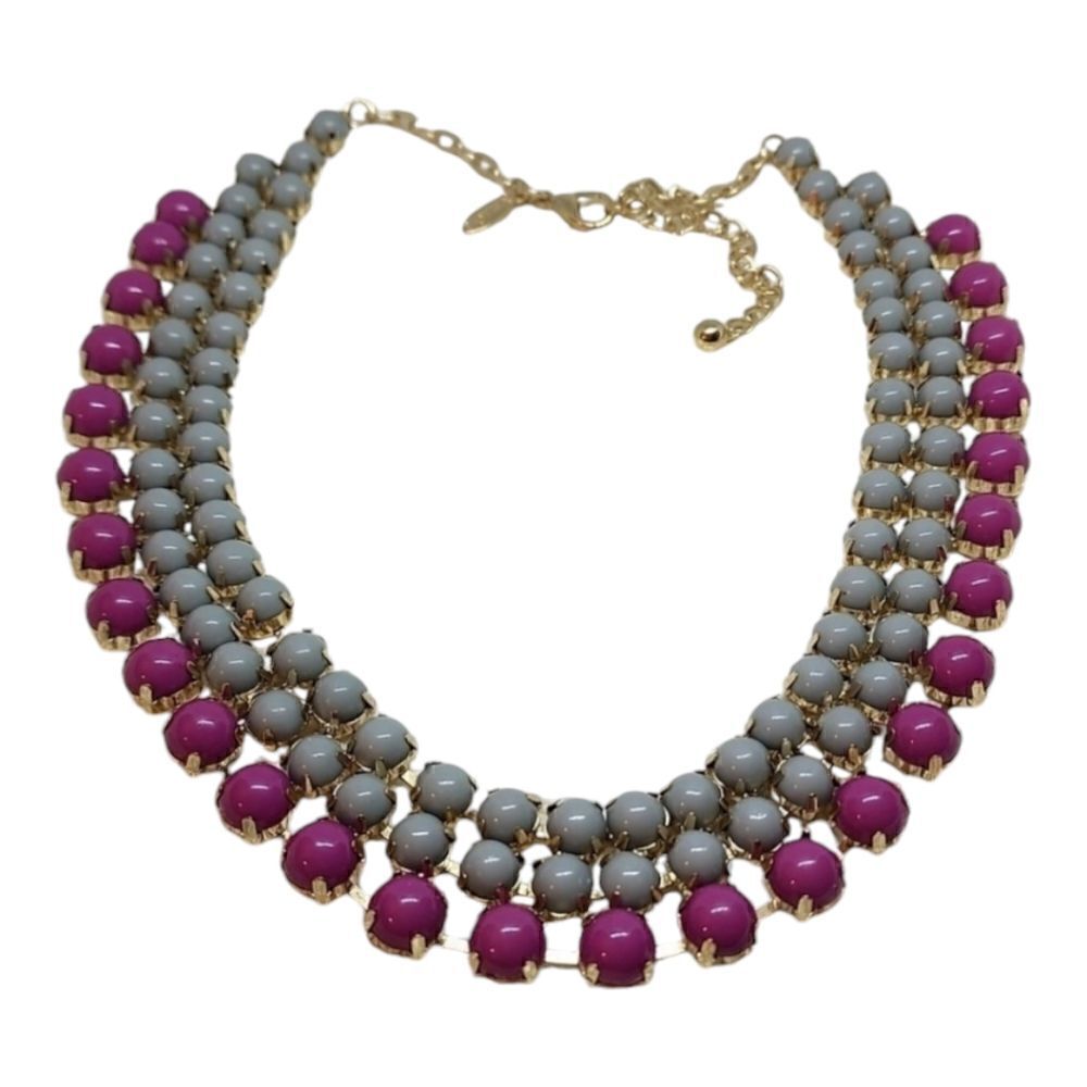 Natasha Bib Necklace Three Row Grey Pink Round Beads Gold Tone
